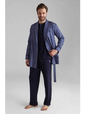 U.S. Polo Assn. Lacivert Damatlık Çeyize Uygun 5 Parça Robdöşambır Pijama Seti