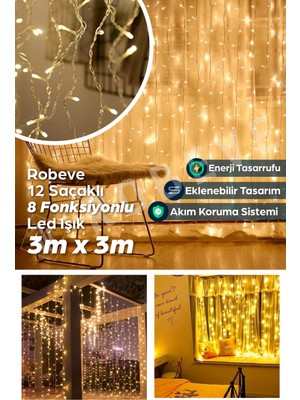 3X3M 8 Fonksiyonlu Animasyonlu LED Perde, Kalın Telli Saçak Yılbaşı Işık