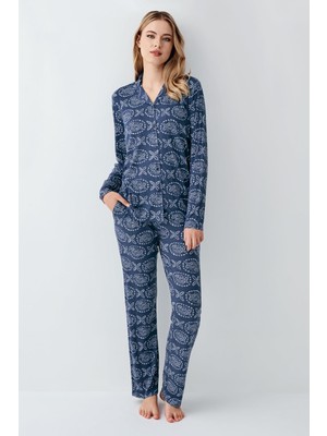 Arnetta Kadın Indigo Gömlek Yaka Mevsimlik Pijama Takım, %50 Modal %50 Pamuk