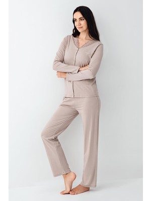 Pierre Cardin Kadın Dantel Detaylı Düğmeli Pijama Takım, %50 Modal %50 Pamuk