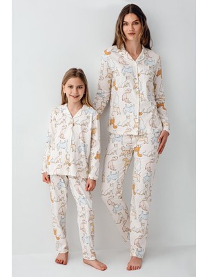 RolyPoly Anne Kız Gömlek Pijama Kombini, Kedili Pijama, Anne ve Çocuk Pijamalar Ayrı Ayrı Fiyatlandırılır