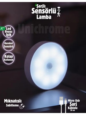 USB Şarjlı Hareket Sensörlü 8 LED Iç Dolap ve Koridor Lambası