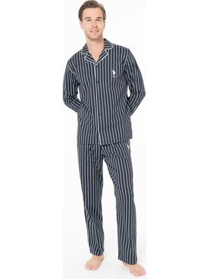 U.S. Polo Assn. Erkek Lacivert Çizgili Gömlek Pijama Takım, %100 Pamuk