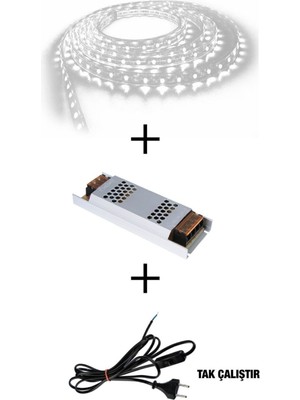 3 Çipli Beyaz Iç Mekan LED Şerit Işık 5m + Trafo ve Kablo Seti