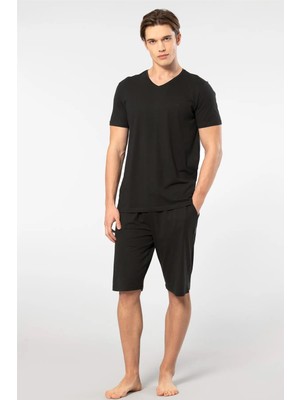 Cacharel V Yaka T-Shirt ve Cepli Bermuda Şort Takım, %50 Pamuk %50 Modal