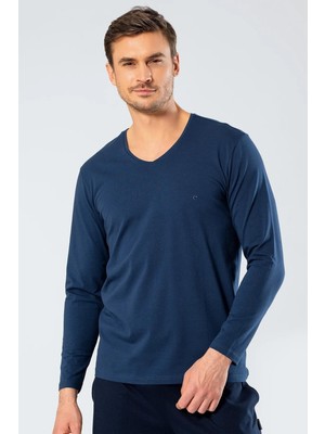 Cacharel Erkek Uzunkol V Yaka T-Shirt, %95 Pamuk %5 Elestan