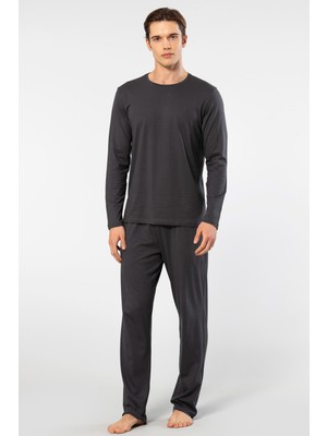 Cacharel Erkek Yuvarlak Yaka Uzunkol Pijama Takım, %50 Modal, %50 Pamuk Alt Pijama Ceplidir