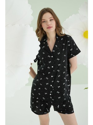 Nbb %100 Pamuklu Kadın Siyah Düğmeli Şortlu Pijama Takımıı