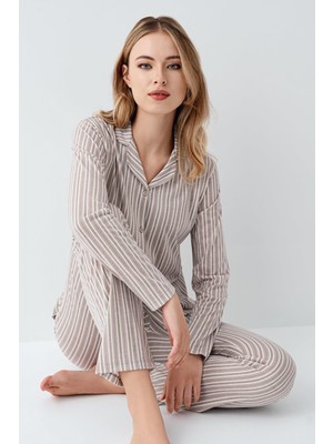 Arnetta Kadın Vizon Gömlek Pijama Takım, Çizgili, %100 Pamuk