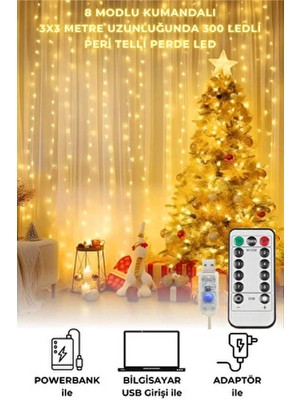 300 Ledli, 10 Saçaklı Sarı Perde LED Işık, 3x3 Metre, Şık Aydınlatma.