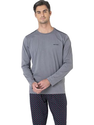 Pierre Cardin Erkek %100 Pamuk Pijama Takım, Alt Desenli, Bisiklet Yakalı, Uzunkol Pijama Takım