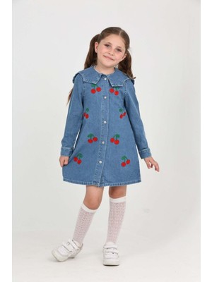 Canan Çakmak Kız Çocuk Kiraz Işlemeli Mavi Elbise