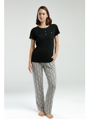 Pierre Cardin Kadın Viskon Kumaş Pijama Takım, Düğmeli, Yuvarlak Yakalı, Cep Detaylı