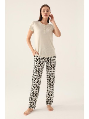 Arnetta Düğmeli Yaka Geometrik Desenli Kadın Pijama Takımı,büyük Beden Pijama, %100 Pamuklu