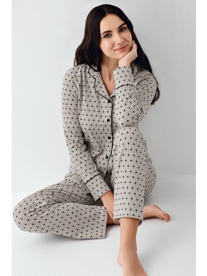Pierre Cardin Kadın Desenli Gömlek Yaka Uzunkol Mevsimlik Pijama Takım, %50 Pamuk %50 Modal