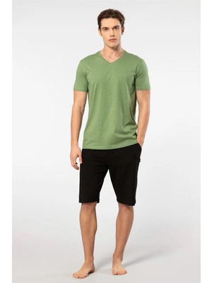 Cacharel V Yaka T-Shirt ve Cepli Bermuda Şort Takım, %50 Pamuk %50 Modal