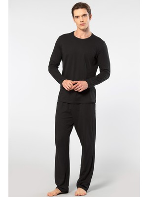 Cacharel Erkek Yuvarlak Yaka Uzunkol Pijama Takım, %50 Modal, %50 Pamuk Alt Pijama Ceplidir