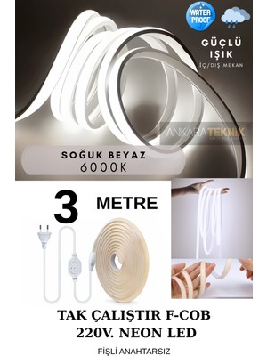 220V Cob Neon LED Beyaz 6000K, Yüksek Lümen, Iç ve Dış Mekan, 3 Metre