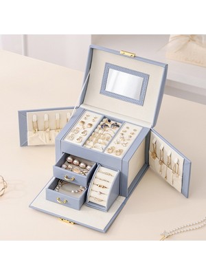 Feyza Design Mavi Çok Gözlü Kilitli Aynalı Takı Kutusu, Şık ve Organizer Tasarım