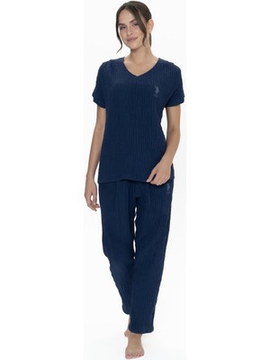 U.S. Polo Assn. Us Polo %100 Pamuk, Müslin Kumaş, Geniş V Yaka Yazlık Kadın Pijama Takım