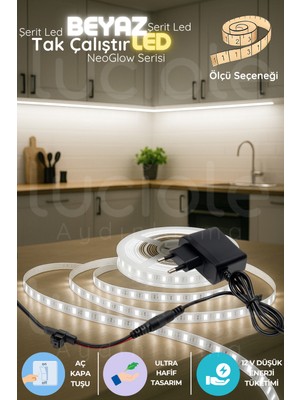 5 Metre Beyaz LED Şerit Işık Seti, 12V Fişli Tak Çalıştır, 60 Çipli