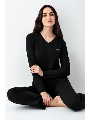Pierre Cardin Kadın %50 Modal %50 Pamuklu Siyah Mevsimlik V Yaka Pijama Takım, Cep Detaylı