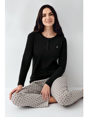 Pierre Cardin Kadın Siyah Düğmeli Uzunkol Mevsimlik Pijama Takım, %50 Pamuk %50 Modal