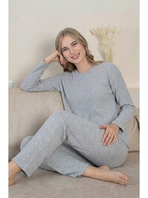 Farya Home Pamuklu Kalın Kışlık Interlok Şeritli Uzun Kollu Örme Pijama Takımı