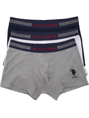 U.S. Polo Assn. 3'lü Paket Siyah Beyaz Lacivert Kemeri Marka Baskılı Pamuklu Likralı Erkek Boxer