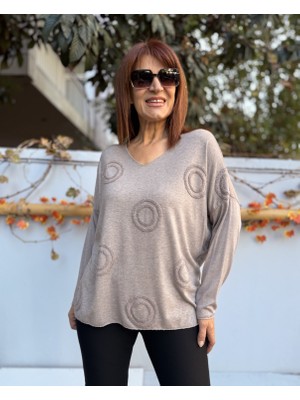 Denizege Butik Kadın Halka Motif Kabartma Angora Karışımlı V Yaka Triko Sütlü Kahve