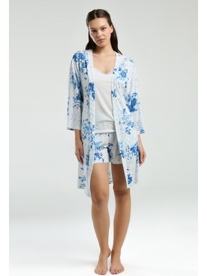 Pierre Cardin Kadın 3'lü Takım, Askılı Beyaz Atlet, Çiçekli Şort Çiçekli Sabahlık Takım