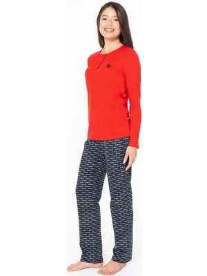 U.S. Polo Assn. Kadın %100 Pamuklu Uzunkol Düz Paça Mevsimlik Ev Giyim Pijama Takım