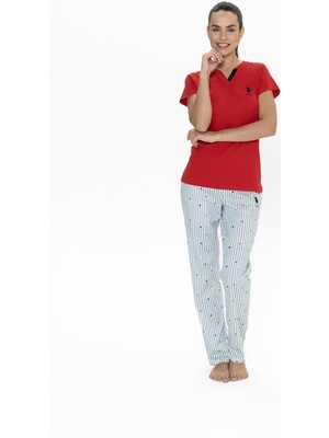 U.S. Polo Assn. Us Polo %100 Pamuklu Kısakol V Yaka Kadın Pijama Takım
