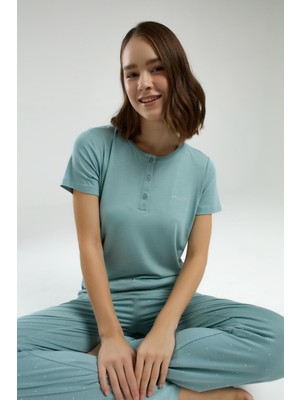Pierre Cardin Su Yeşili Düğmeli Yaka Kısakol Pijama Takım, Cep Detaylı, Viskon Kumaş