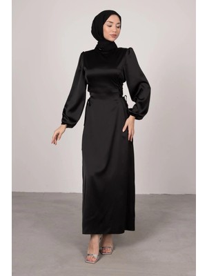 Tesettür Diyarı Yandan Korse Detaylı Saten Tesettür Abiye- Siyah