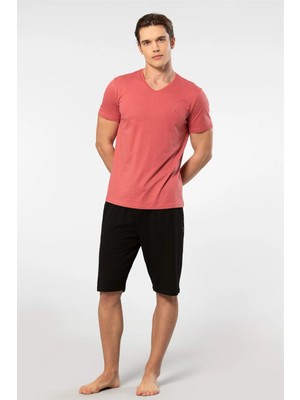 Cacharel V Yaka T-Shirt ve Cepli Bermuda Şort Takım, %50 Pamuk %50 Modal