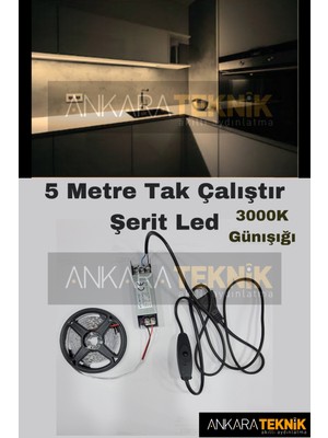 5 Mt. Şerit LED 12V Adaptör Aç-Kapa Anahtarlı Günışığı Renk 3000K