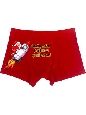 Texkid Uzay Mekiği Noel Baba Tasarımlı Mutlu Yıllar Kalkışa Geçiyoruz Yazılı Eğlenceli Erkek Man Boxer