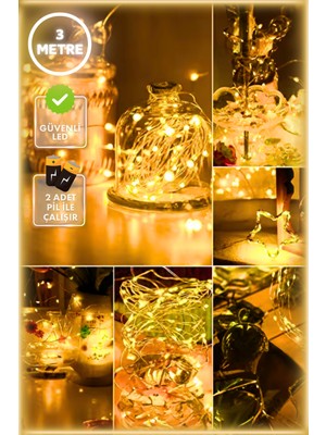 Peri LED 3m Sarı Gün Işığı Pilli Suya Dayanıklı Dekoratif Aydınlatma