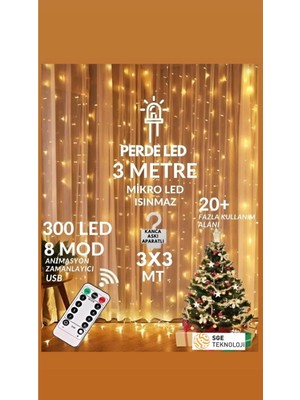 300 Ledli Sarkıt Perde Işık Seti, Uzaktan Kumanda, USB Bağlantılı, 3X3M