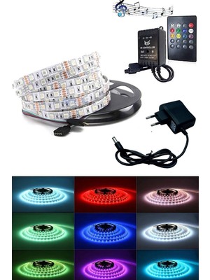 Renkli Rgb Şerit LED 5m, Müzik ve Ses Duyarlı, Animasyonlu, 3 Çipli