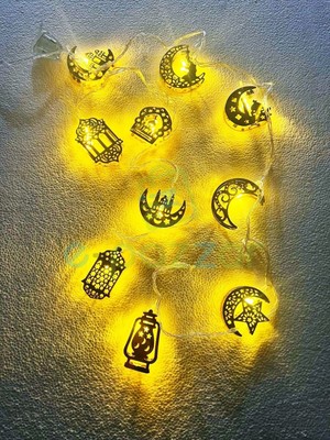 2,5 Metre Gold Metal Kandil ve Ay Yıldız Ramazan Süsleme, LED Işık