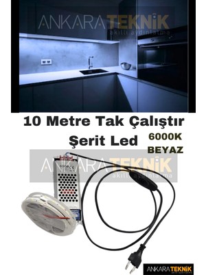 10 Mt. Beyaz 6000K Şerit LED Işık ve Aç/kapa Anahtarlı Adaptör