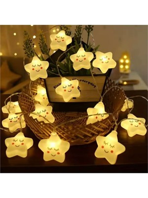 10 Adet Yıldızlı Pilli Gülen Yüz LED Dekoratif Aydınlatma Seti