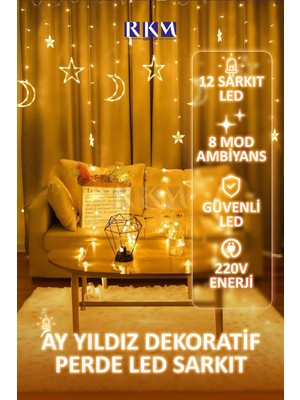 8 Modlu Ay Yıldız Perde LED Işık, Ramazan Süsleme ve Dekorasyon