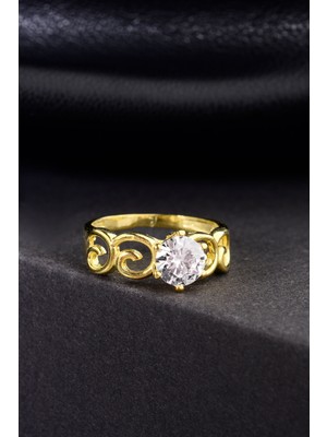 Innuendo Altın Kaplama Desenli 925 Ayar Tektaş Yüzük