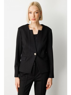 Ekol Tek Düğme Simli Kumaş Kadın Ceket 5141