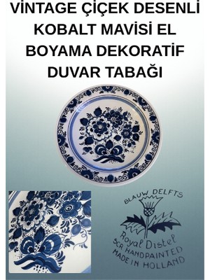 Vintage Çiçek Desenli Kobalt Mavisi El Boyama Dekoratif Duvar Tabağı