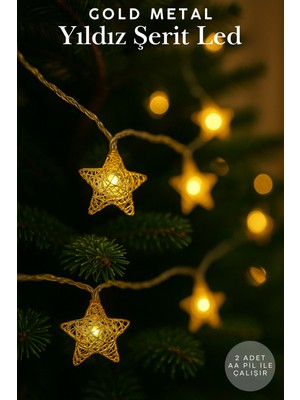 Gold Metal Yıldız Şerit LED Yılbaşı Ağacı Süsleme 10'lu