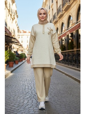 Lale Butik Kadın Boncuk Işleme Detay Simli Örme Kumaş Tunik Pantolon Takım 7323 Krem